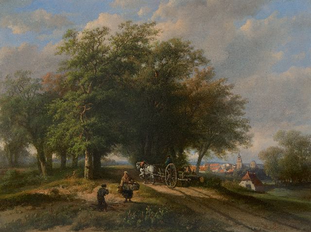 Bruïne A.H. de | Land folk on a sunny country road, oil on panel 35.8 x 47.9 cm, signed l.r.