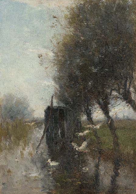 Maris W.  | Ducks settling down on a polder canal, oil on panel 36.6 x 25.7 cm, signed l.r.