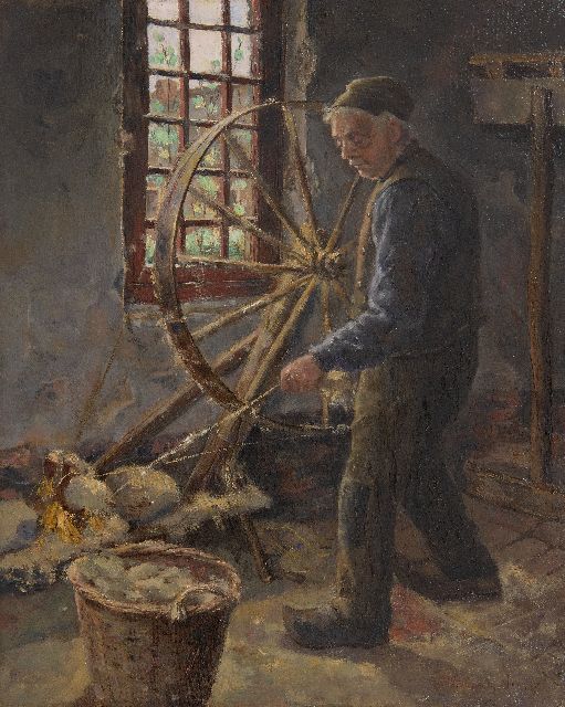 Jaarsma P.  | Wool spinning farmer, oil on canvas 40.4 x 32.6 cm, signed l.r.