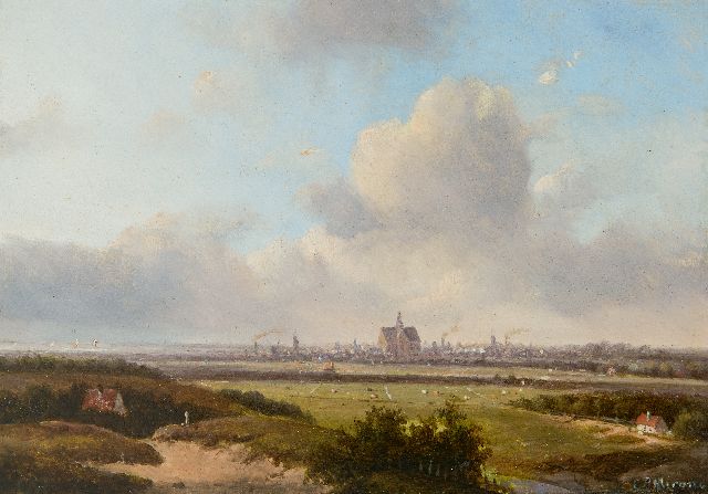 Mirani E.B.G.P.  | Panoramic landscape with Haarlem and the Haarlemmermeer  in the distance, oil on panel 13.0 x 18.0 cm, signed l.r.