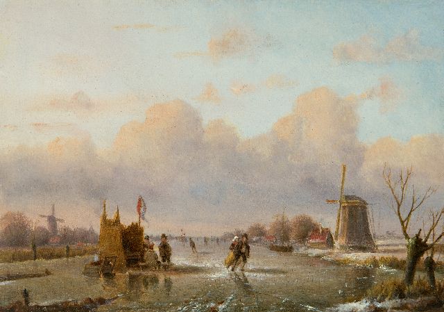 Everardus Mirani | A winter landscape with skaters and figures at a 'koek-en-zopie', oil on panel, 12.9 x 18.1 cm, signed l.l. (residue)