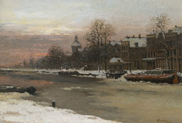 Klinkenberg J.C.K.  | A Dutch canal in winter, oil on glass 30.3 x 45.2 cm, signed l.r.