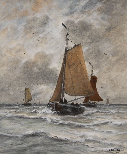 Hendrik Willem Mesdag | Returning fishing barges, Scheveningen, watercolour on paper, 74.3 x 61.6 cm, signed l.r.