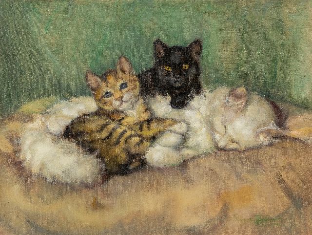 Tijdeman E.M.  | Mother and two kittens, oil on canvas 30.5 x 40.5 cm, signed l.r.