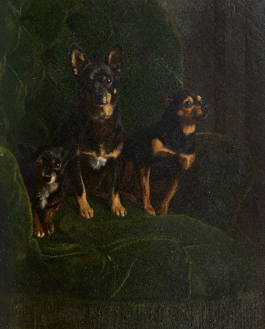 August Le Gras | Three dwarf pinchers in a green chair, oil on canvas, 81.2 x 65.5 cm, signed c.r. and dated 1888