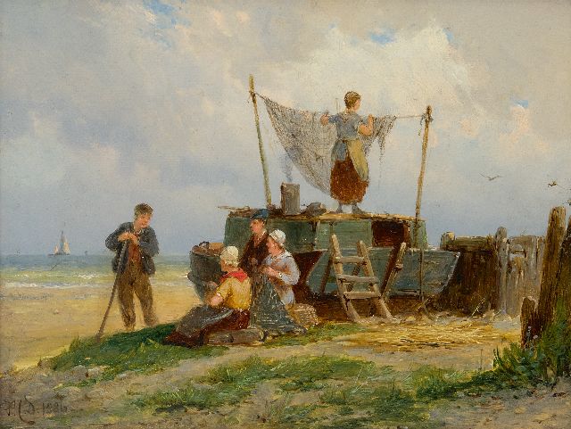 Pieter Cornelis  Dommershuijzen | Fisherfolk drying the nest, oil on panel, 15.0 x 20.2 cm, signed l.l. with initials and dated 1886