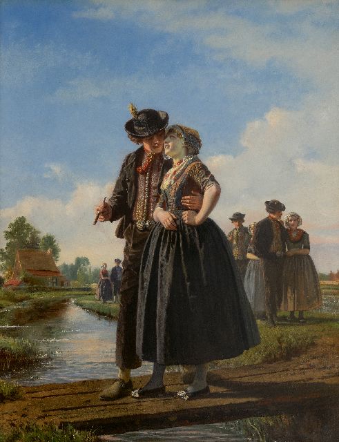 Dillens A.A.  | La traversée du pont d'amour, oil on panel 78.5 x 60.0 cm, signed l.r. and dated 1855