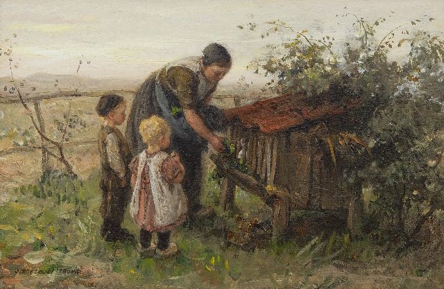 Jan Zoetelief Tromp | Feeding the rabbit, oil on canvas, 27.1 x 40.4 cm, signed l.l.