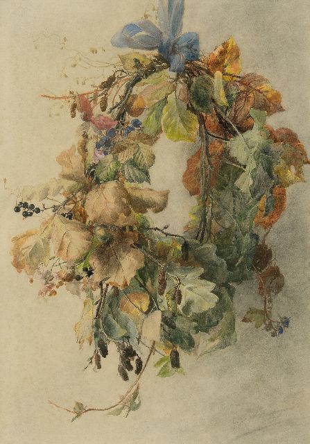 Gerardine van de Sande Bakhuyzen | Autumn wreath, watercolour on paper, 49.3 x 34.3 cm, signed l.r.