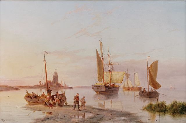 Pieter Cornelis  Dommershuijzen | Shipping in a calm by a harbor entrance, oil on canvas, 50.8 x 76.8 cm, signed l.l. and dated 1901
