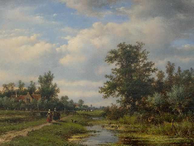 Lodewijk Johannes Kleijn | Farmers on a path along a village creek, oil on canvas, 49.5 x 64.4 cm, signed l.l.