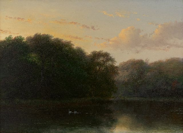 Schelfhout A.  | Two swans in the pond of the Haagse Bos, oil on panel 24.0 x 32.6 cm, signed l.l.