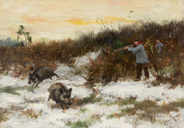 Willem Steeling jr. | Boar hunt in de snow, oil on panel, 19.8 x 28.0 cm, signed l.r.