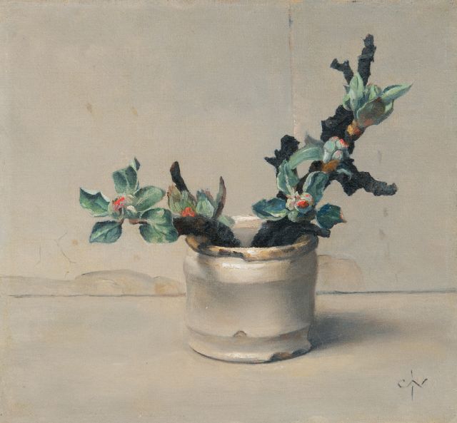 Nachenius J.C.  | Budding branches in a white pot, oil on panel 17.7 x 19.2 cm, signed l.l. with monogram