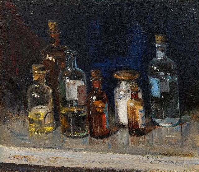 Frans Helfferrich | Stil life with glass bottles, oil on canvas, 30.2 x 34.5 cm, signed l.r. and dated 1906