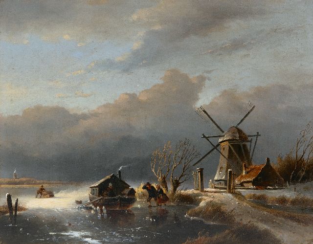 Matthias Parré | Ice scene with figures and a barge stuck in the ice, oil on panel, 35.4 x 44.9 cm