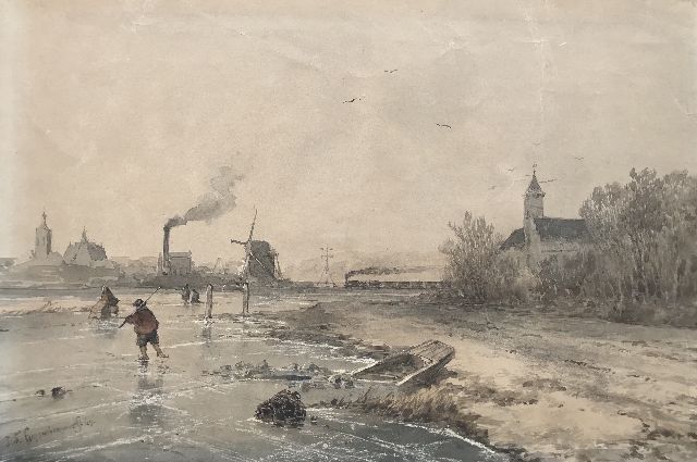 Hoppenbrouwers J.F.  | Winter landscape with railway line near The Hague, brush and ink on paper 18.8 x 27.9 cm, signed l.l. and dated '49