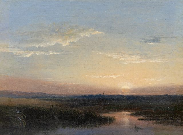 John Franciscus Hoppenbrouwers | Sunset, oil on panel, 18.2 x 24.1 cm, signed l.r.