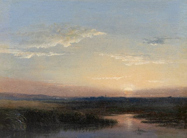 Hoppenbrouwers J.F.  | Sunset, oil on panel 18.2 x 24.1 cm, signed l.r.