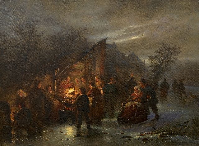 Gillis Haanen | Night scene on the ice by a koek-en-zopie, oil on canvas, 45.2 x 60.3 cm, signed l.r.