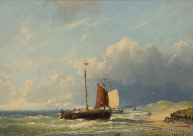 Jan H.B. Koekkoek | Fishing barges at the beach, oil on panel, 27.2 x 38.9 cm, signed l.r. and dated '60