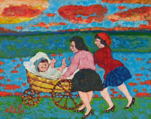 Ferry Slebe | A walk with the pram, oil on board, 19.1 x 24.1 cm, signed l.l. and on a label on the reverse