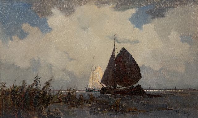 Henk Leurs | tjalks sailing under Dutch skies, oil on canvas, 60.0 x 100.0 cm, signed l.r.