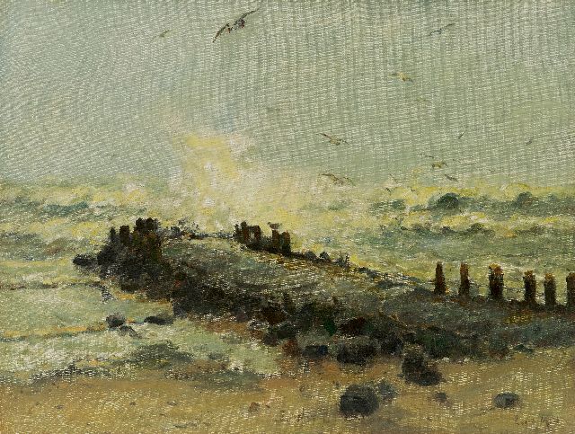 Evert Moll | A breakwater in a storm, oil on canvas, 39.0 x 51.4 cm, signed l.r.