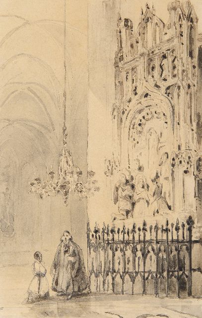Johannes Bosboom | Interior of the Grote Kerk te Breda with the funerary monument of Engelbert I van Nassau, pen, brush and ink on paper, 15.8 x 10.6 cm, signed l.c.