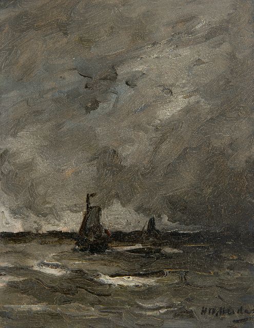 Hendrik Willem Mesdag | Fishing ships in a storm, oil on panel, 19.0 x 15.0 cm, signed l.r.