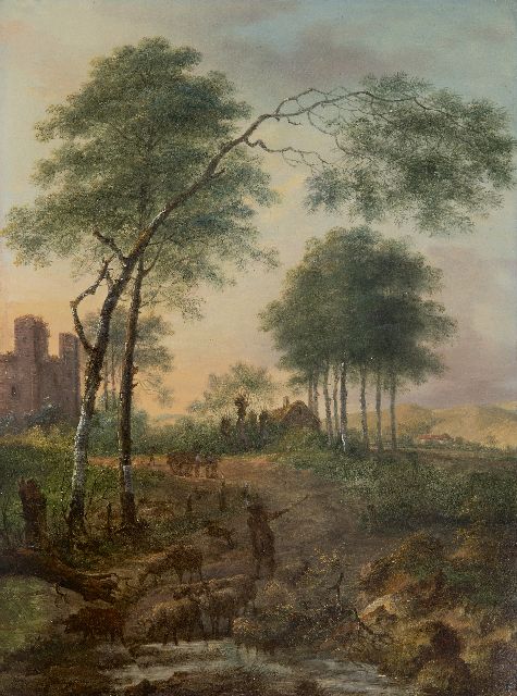 Gerard van Nijmegen | Shepherd and sheep crossing a brook, oil on panel, 46.2 x 34.5 cm, signed l.l. and dated 1785