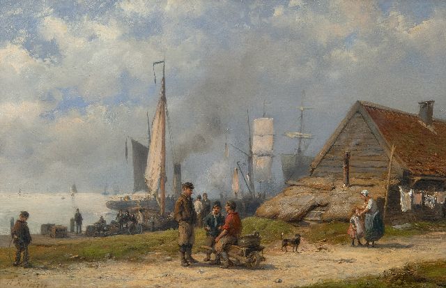 Hermanus Koekkoek | Fishermen and travellers at a rural harbour, oil on panel, 21.3 x 32.5 cm, signed l.l.