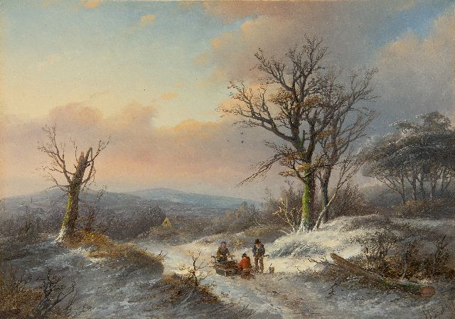 Spohler J.J.  | Winter landscape with wood gatherers, oil on panel 23.0 x 33.0 cm, signed l.r.