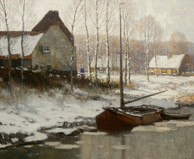 Soest L.W. van | A snowy river bank, oil on canvas 113.3 x 134.7 cm, signed l.l.