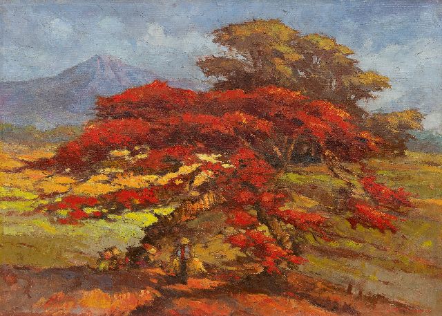 Ohl L.F.  | Indonesian landscape with Flame tree in bloom, oil on canvas 68.3 x 95.3 cm, signed l.r.