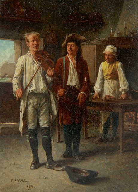 Fichel B.E.  | The fiddler, oil on panel 22.0 x 15.8 cm, signed l.l. and dated 1884