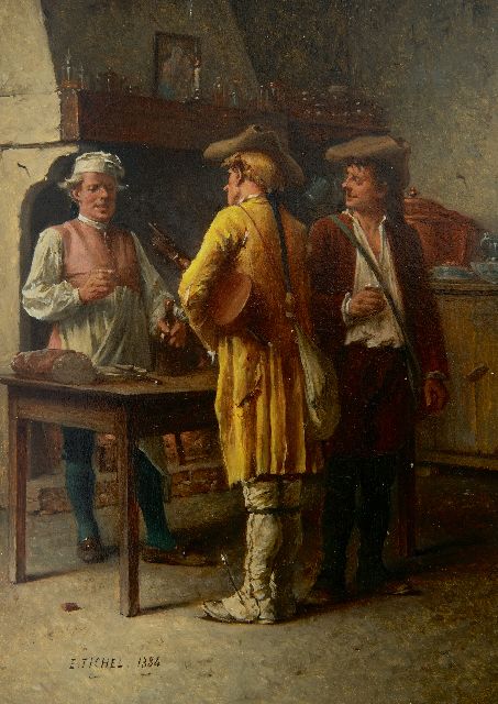 Eugène Fichel | A break at the inn, oil on panel, 22.0 x 15.7 cm, signed l.l. and dated 1884
