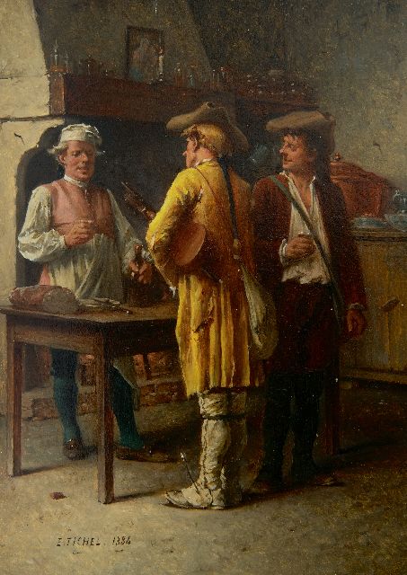 Fichel B.E.  | A break at the inn, oil on panel 22.0 x 15.7 cm, signed l.l. and dated 1884