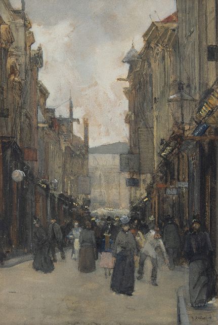 Arntzenius P.F.N.J.  | A busy Spuistraat in The Hague, watercolour and gouache on paper 50.1 x 33.9 cm, signed l.r.
