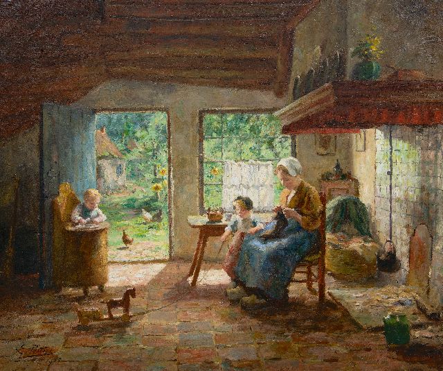 Pieters E.  | Mother and children in a sunny farmhouse interior, oil on canvas 78.5 x 92.4 cm, signed l.l. and dated 1915