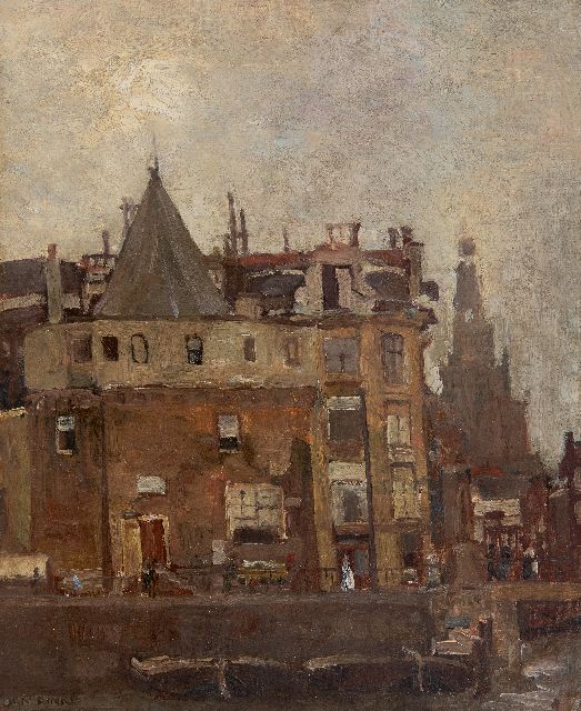 Jan Rinke | The Geldersekade with the Schreierstoren in Amsterdam, oil on canvas laid down on board, 45.2 x 37.7 cm, signed l.l. and without frame