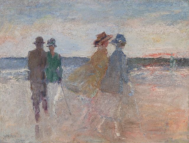 Rinke J.  | Walking along the Scheveningen beach at sunset, oil on board 30.1 x 40.2 cm, signed l.l. (remains)