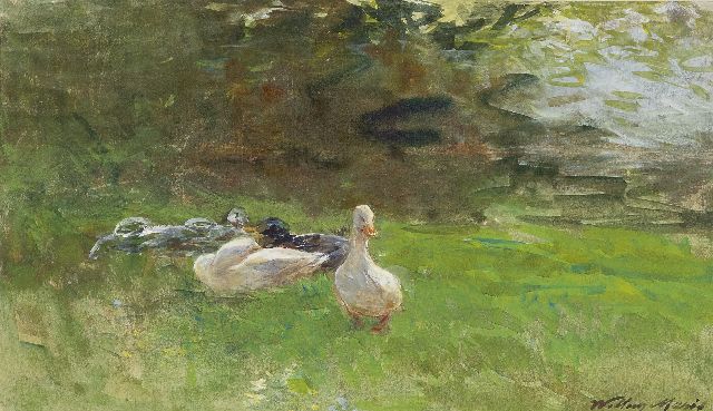 Maris W.  | Ducks in the grass, watercolour on paper 16.4 x 28.4 cm, signed l.r. and painted ca. 1880-1890