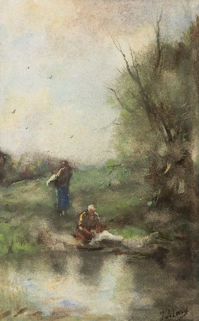 Jacob Maris | Washerwomen by the river, watercolour on paper, 38.8 x 24.5 cm, signed l.r. and painted ca. 1888-1889