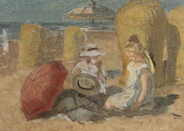 Jonge J.A. de | Children on the beach of Scheveningen, oil on painter's board 16.0 x 22.0 cm