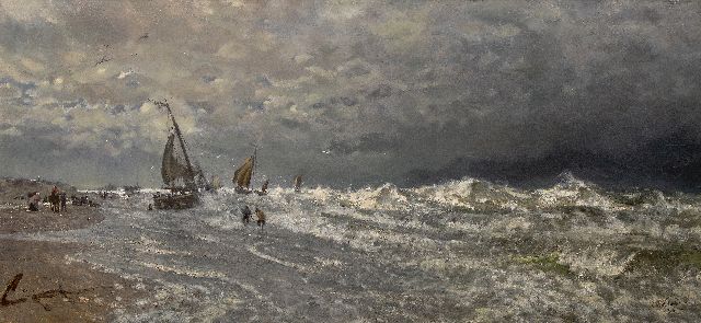 Wijtkamp J.H.  | Fishing boats in the surf, oil on canvas 82.0 x 174.0 cm, signed l.r. and dated 1888