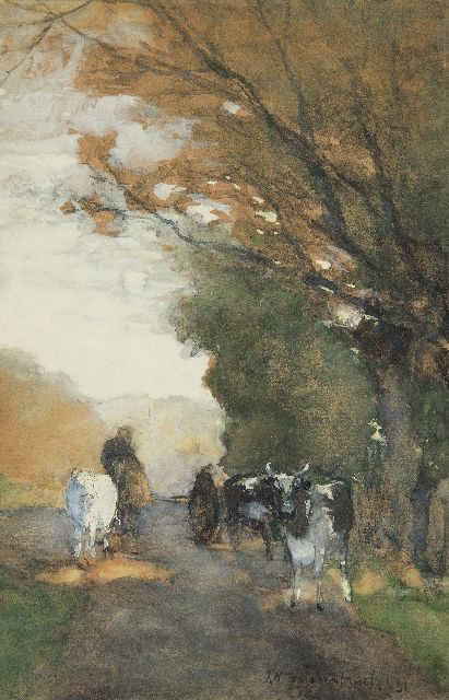 Weissenbruch H.J.  | Cows on a path along the edge of a forest, watercolour on paper 35.3 x 22.8 cm, signed l.r. and dated '91