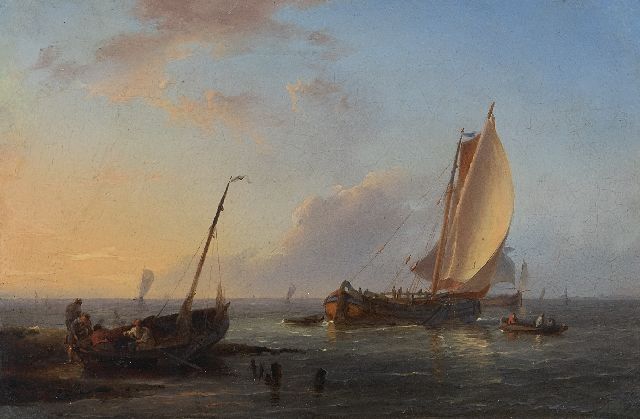 Koekkoek H.  | Sunset on the Dutch coast, oil on tin laid down on panel 9.8 x 14.7 cm, signed l.l. with initials