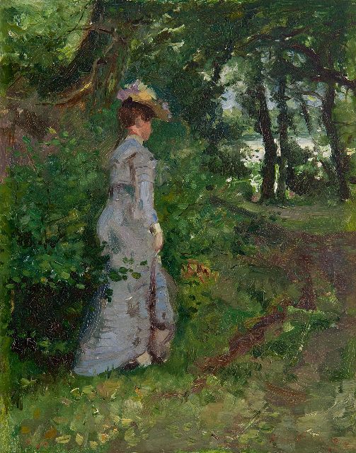 Roelofs O.W.A.  | A walk in the woods, oil on panel 40.1 x 30.7 cm, signed l.r. (with traces) and on a label on the reverse and painted ca. 1900-1905