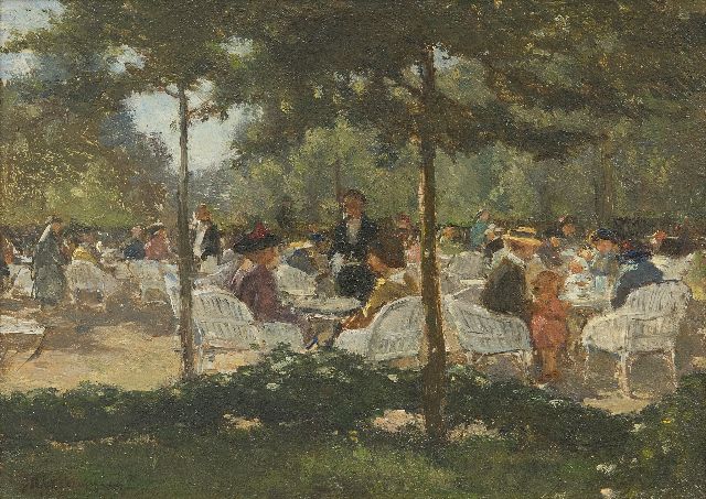 Akkeringa J.E.H.  | Tea garden (probably Boschhek, Den Haag), oil on panel 16.9 x 22.9 cm, signed l.l.